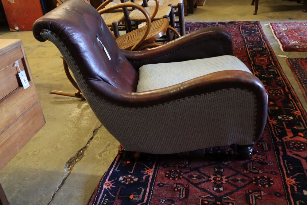 A Victorian armchair, new upholstery to sides and back, width 72cm, height 74cm